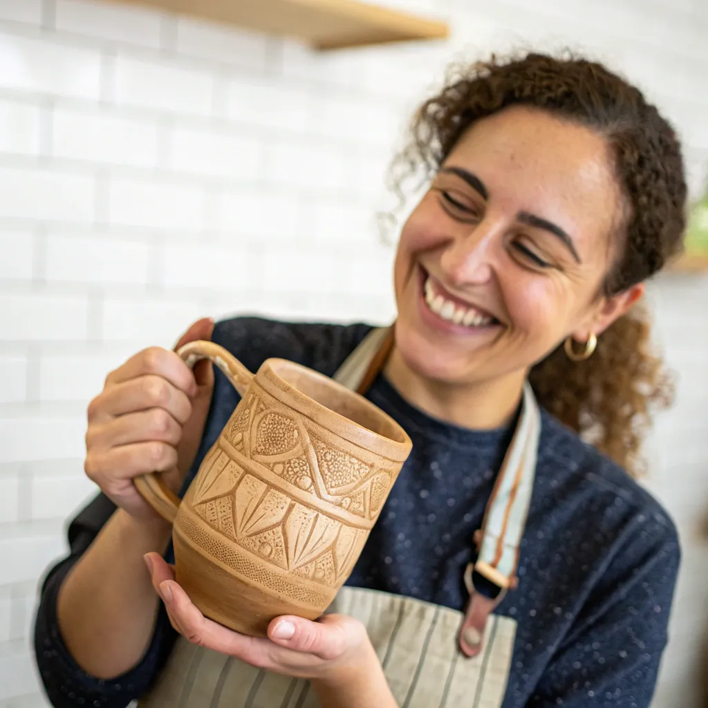 Customer smiling holding a crafted pottery mug